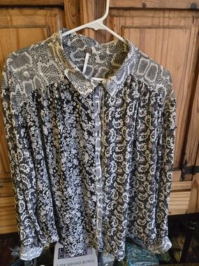 Free People Black and Ivory Animal Print Top